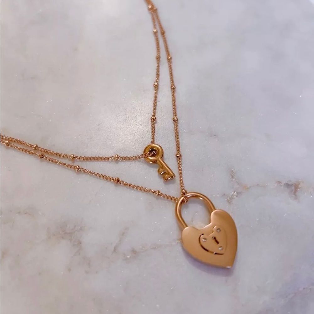 CELINE13 Women’s‎ Key And Lock Charm Layered Necklace Stainless Steel Rose Gold